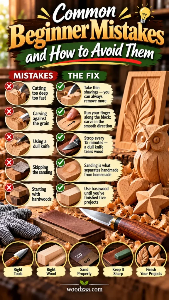 "Common Beginner Mistakes and How to Avoid Them" with a comparison chart: Cutting too deep vs. Take thin shavings Carving against grain vs. Carve in the smooth direction Dull knife vs. Strop every 15 mins Skipping sanding vs. Sanding elevates quality Hardwoods vs. Use basswood first Background features carved wood pieces (owl, leaf, heart, star), a knife, and a leather strop. Bottom icons: Right Tools, Right Wood, Sand Properly, Keep It Sharp, Finish Your Projects.