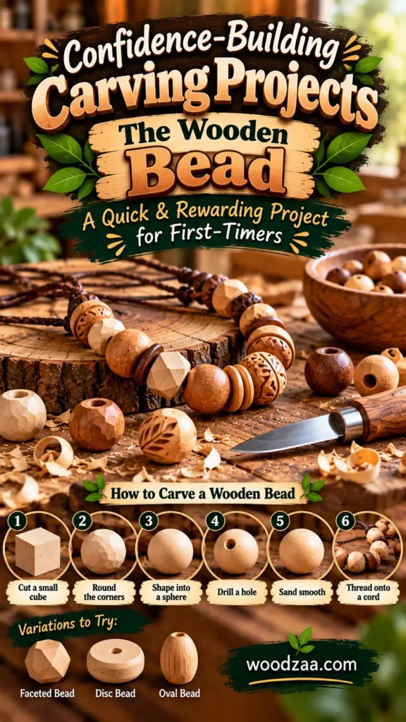 "Confidence-Building Carving Projects: The Wooden Bead - A Quick & Rewarding Project for First-Timers" showcasing carved wooden beads and a beaded necklace on a rustic wooden table. It features a 6-step guide: 1) Cut a small cube, 2) Round the corners, 3) Shape into a sphere, 4) Drill a hole, 5) Sand smooth, and 6) Thread onto a cord. At the bottom, it shows "Variations to Try": Faceted Bead, Disc Bead, and Oval Bead, with the website woodzaa.com.