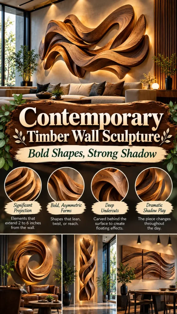 "Contemporary Timber Wall Sculpture — Bold Shapes, Strong Shadow". It features a large, backlit abstract wooden wall sculpture in a modern living room. Four circular detail shots below highlight key design features: Significant Projection, Bold Asymmetric Forms, Deep Undercuts, and Dramatic Shadow Play. The bottom section displays three alternative installations: a circular swirl, a vertical pillar, and a horizontal triptych.