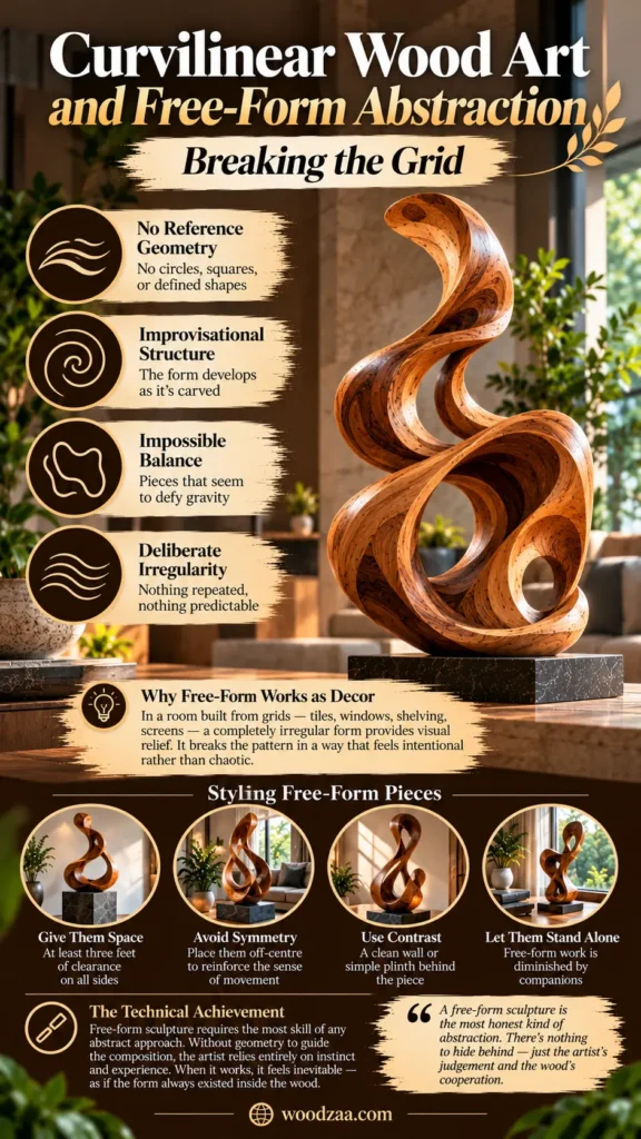"Curvilinear Wood Art and Free-Form Abstraction — Breaking the Grid" features a flowing, gravity-defying wooden sculpture on a dark base. Text highlights traits like no reference geometry and impossible balance. Four circular photos below offer styling tips: give them space, avoid symmetry, use contrast, and let them stand alone.