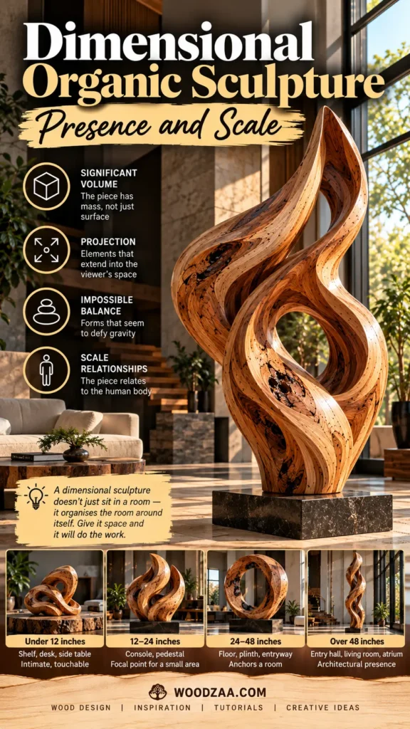 "Dimensional Organic Sculpture — Presence and Scale" displaying a large, flame-like carved wooden sculpture on a dark marble base in a modern living space. Icons list key concepts: Significant Volume, Projection, Impossible Balance, and Scale Relationships. Four photos at the bottom illustrate sizing categories: Under 12 inches, 12–24 inches, 24–48 inches, and Over 48 inches, with woodzaa.com branding at the bottom.