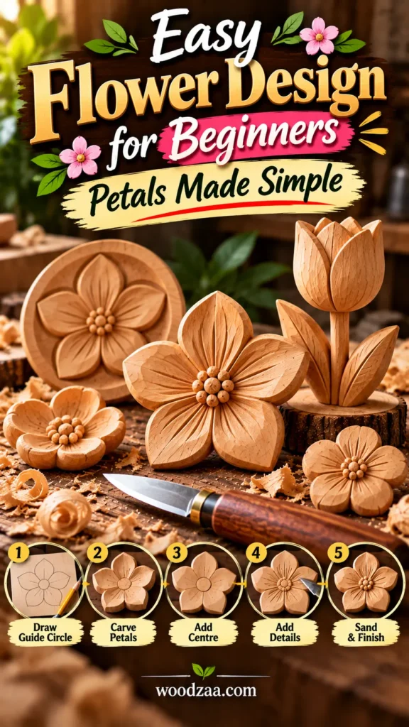 "Easy Flower Design for Beginners — Petals Made Simple" showcasing carved wooden flowers and a carving knife on a workbench. At the bottom, a 5-step visual guide details the process: 1. Draw Guide Circle, 2. Carve Petals, 3. Add Centre, 4. Add Details, and 5. Sand & Finish.