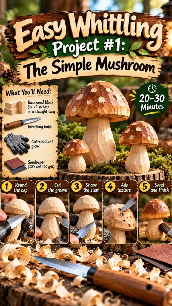 "Easy Whittling Project #1: The Simple Mushroom" (20-30 min). Needed: Basswood block or twig, whittling knife, cut-resistant glove, sandpaper. Steps:Round the cap Cut the groove Shape the stem Add texture Sand and finish Shows three carved wooden mushrooms on a tree stump with wood shavings and a knife.