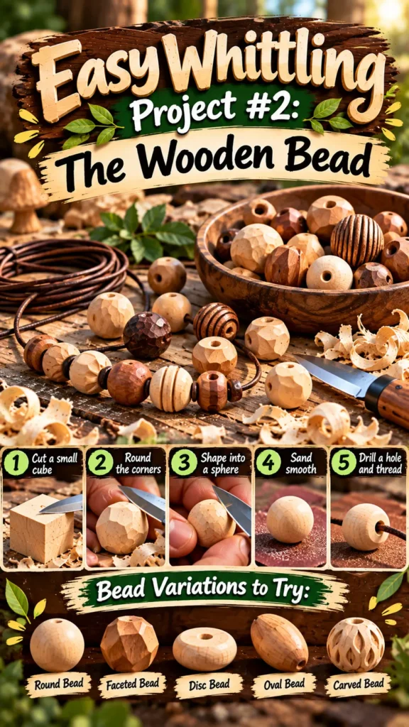 "Easy Whittling Project #2: The Wooden Bead". Steps: 1. Cut a small cube 2. Round the corners 3. Shape into a sphere 4. Sand smooth 5. Drill a hole and thread. Bead Variations: Round Bead, Faceted Bead, Disc Bead, Oval Bead, Carved Bead. Shows handcrafted wooden beads strung on a leather cord alongside a bowl filled with various carved beads, wood shavings, and a whittling knife.