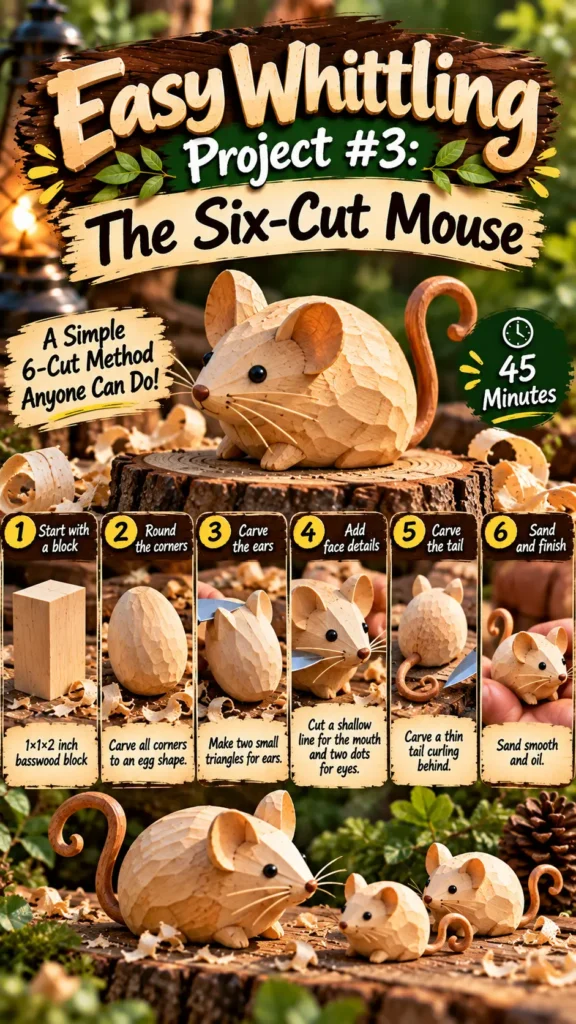 "Easy Whittling Project #3: The Six-Cut Mouse" (45 Minutes). Steps:Start with a block (1x1x2 inch basswood) Round the corners to an egg shape Carve the ears (two small triangles) Add face details (shallow mouth line, dot eyes) Carve the tail (thin tail curling behind) Sand and finish (sand smooth and oil) Displays carved wooden mice on a tree stump surrounded by wood shavings.
