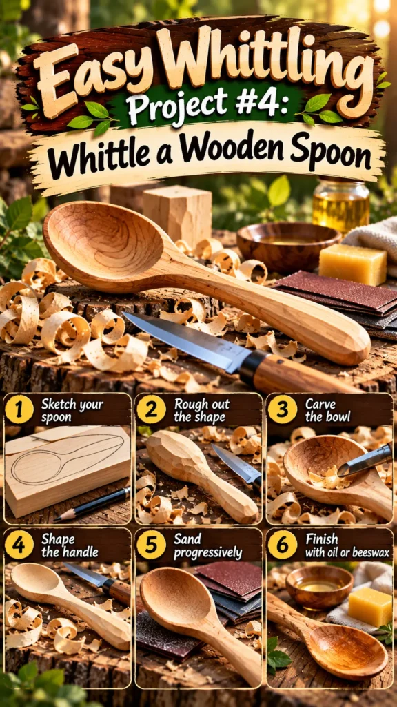 "Easy Whittling Project #4: Whittle a Wooden Spoon". Steps:Sketch your spoon Rough out the shape Carve the bowl Shape the handle Sand progressively Finish with oil or beeswax Displays a smooth hand-carved wooden spoon rest on a tree stump with wood shavings, a whittling knife, sandpaper, and a bowl of finishing oil.