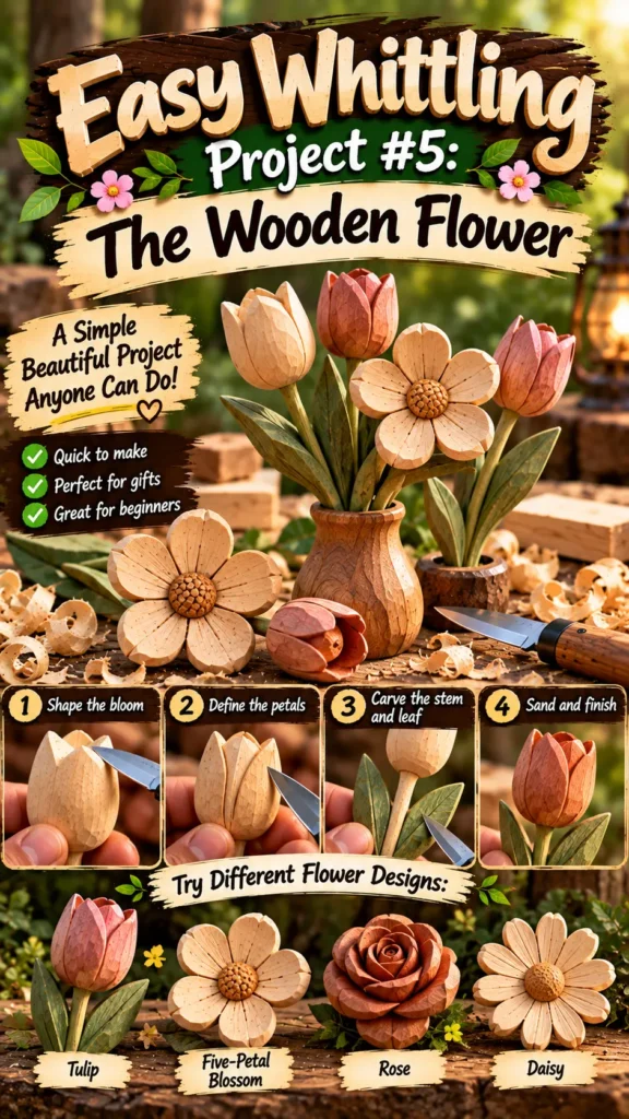 "Easy Whittling Project #5: The Wooden Flower". Steps:Shape the bloom Define the petals Carve the stem and leaf Sand and finish Flower Designs to Try: Tulip, Five-Petal Blossom, Rose, Daisy Shows hand-carved wooden flowers displayed in small wooden vases alongside wood shavings and a whittling knife.