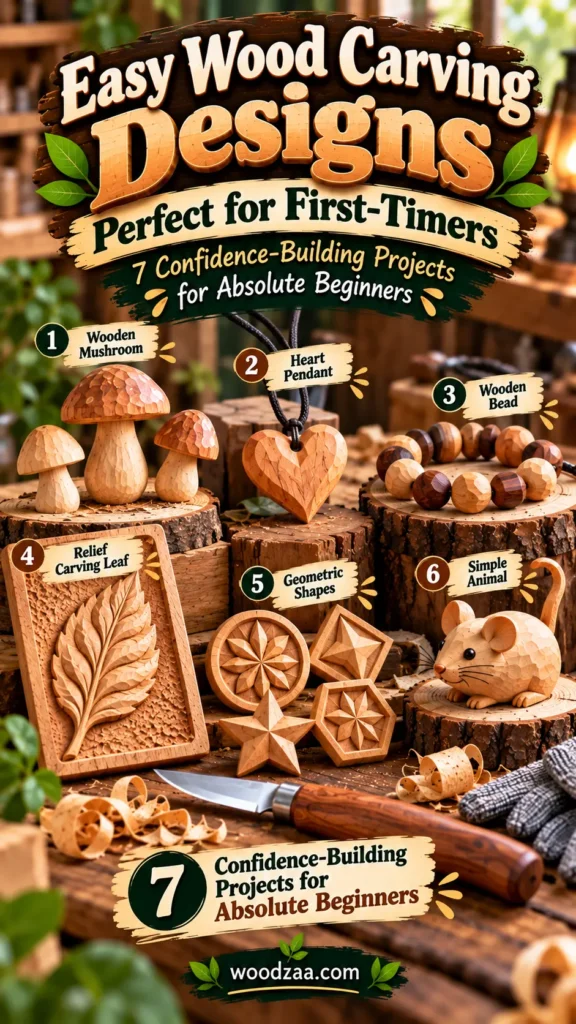 "Easy Wood Carving Designs: Perfect for First-Timers" showcasing 7 beginner-friendly projects set on a rustic wooden table with wood shavings, a carving knife, and a glove. The featured projects include: 1) Wooden Mushroom, 2) Heart Pendant, 3) Wooden Bead, 4) Relief Carving Leaf, 5) Geometric Shapes, 6) Simple Animal (a carved mouse), and a banner highlighting "7 Confidence-Building Projects for Absolute Beginners" along with woodzaa.com.