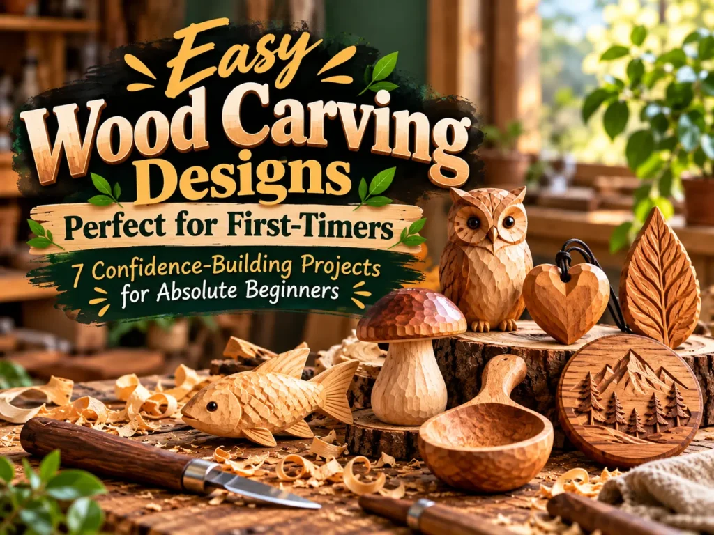 "Easy Wood Carving Designs: Perfect for First-Timers" showcasing 7 confidence-building projects for absolute beginners set on a rustic workbench with wood shavings and carving tools. The featured hand-carved wooden objects include a fish, mushroom, owl figurine, heart pendant, leaf carving, small scoop, and a circular relief carving of mountains and pine trees.