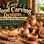 "Easy Wood Carving Designs: Perfect for First-Timers" showcasing 7 confidence-building projects for absolute beginners set on a rustic workbench with wood shavings and carving tools. The featured hand-carved wooden objects include a fish, mushroom, owl figurine, heart pendant, leaf carving, small scoop, and a circular relief carving of mountains and pine trees.
