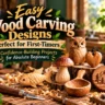 "Easy Wood Carving Designs: Perfect for First-Timers" showcasing 7 confidence-building projects for absolute beginners set on a rustic workbench with wood shavings and carving tools. The featured hand-carved wooden objects include a fish, mushroom, owl figurine, heart pendant, leaf carving, small scoop, and a circular relief carving of mountains and pine trees.