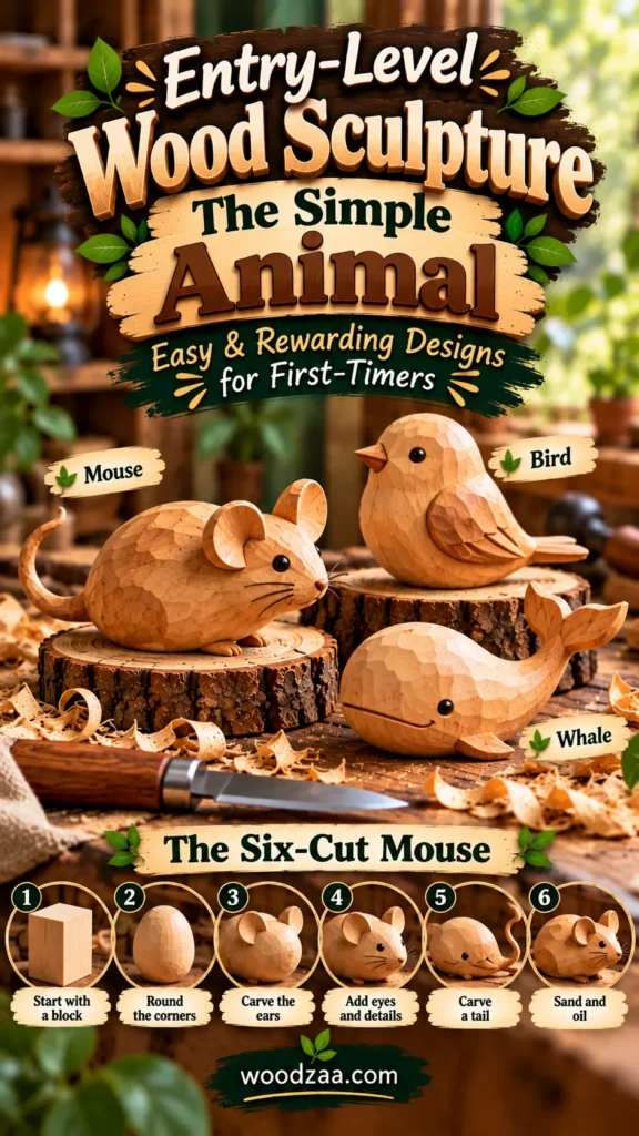 "Entry-Level Wood Sculpture: The Simple Animal - Easy & Rewarding Designs for First-Timers" set on a rustic workbench with wood shavings and a carving knife. The upper half displays hand-carved wooden animal sculptures labeled Mouse, Bird, and Whale. A lower section titled "The Six-Cut Mouse" provides a 6-step tutorial: 1) Start with a block, 2) Round the corners, 3) Carve the ears, 4) Add eyes and details, 5) Carve a tail, and 6) Sand and oil. Includes woodzaa.com.