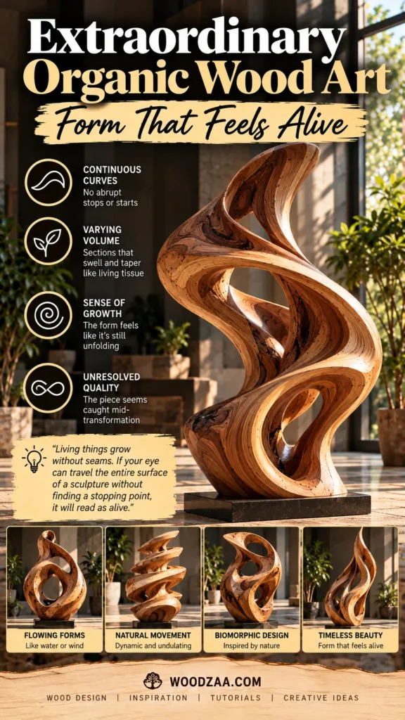 "Extraordinary Organic Wood Art — Form That Feels Alive" featuring a large, fluidly carved wood sculpture on a dark base. Bullet points on the side outline design qualities: Continuous Curves, Varying Volume, Sense of Growth, and Unresolved Quality. Below, four photos illustrate distinct themes: Flowing Forms, Natural Movement, Biomorphic Design, and Timeless Beauty, with woodzaa.com listed at the bottom.