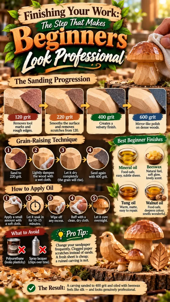 "Finishing Your Work: The Step That Makes Beginners Look Professional." The graphic details the sanding progression from 120 to 600 grit, a grain-raising technique, and steps for applying oil. It highlights natural finishes like mineral oil, beeswax, tung oil, and walnut oil while warning against polyurethane and spray lacquer. Finished wooden carvings of a bird, mushrooms, and a leaf are displayed at the bottom.