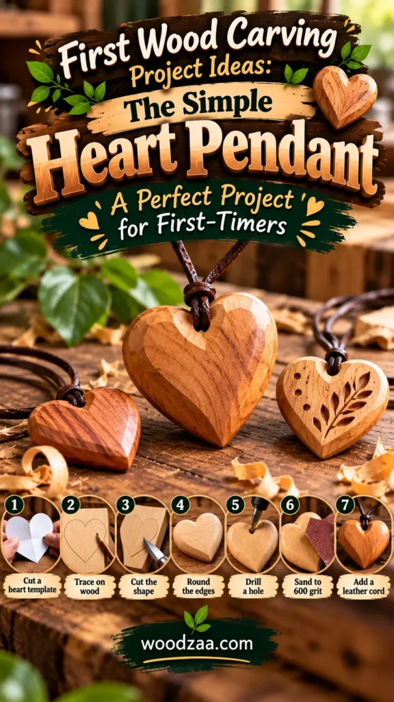 "First Wood Carving Project Ideas: The Simple Heart Pendant - A Perfect Project for First-Timers" set on a rustic wooden surface with wood shavings and three hand-carved heart pendants on leather cords. The bottom features a 7-step guide: 1) Cut a heart template, 2) Trace on wood, 3) Cut the shape, 4) Round the edges, 5) Drill a hole, 6) Sand to 600 grit, and 7) Add a leather cord. Includes the website logo woodzaa.com at the bottom.