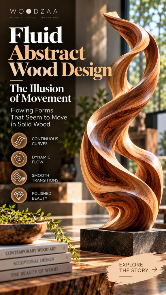 "Fluid Abstract Wood Design: The Illusion of Movement." The image displays a tall, gracefully twisted wooden sculpture featuring swirling natural grain patterns mounted on a dark marble base. Text on the left highlights continuous curves, dynamic flow, smooth transitions, and polished beauty. In the foreground, coffee table books titled "Contemporary Wood Art" sit beside potted greenery in a bright interior.