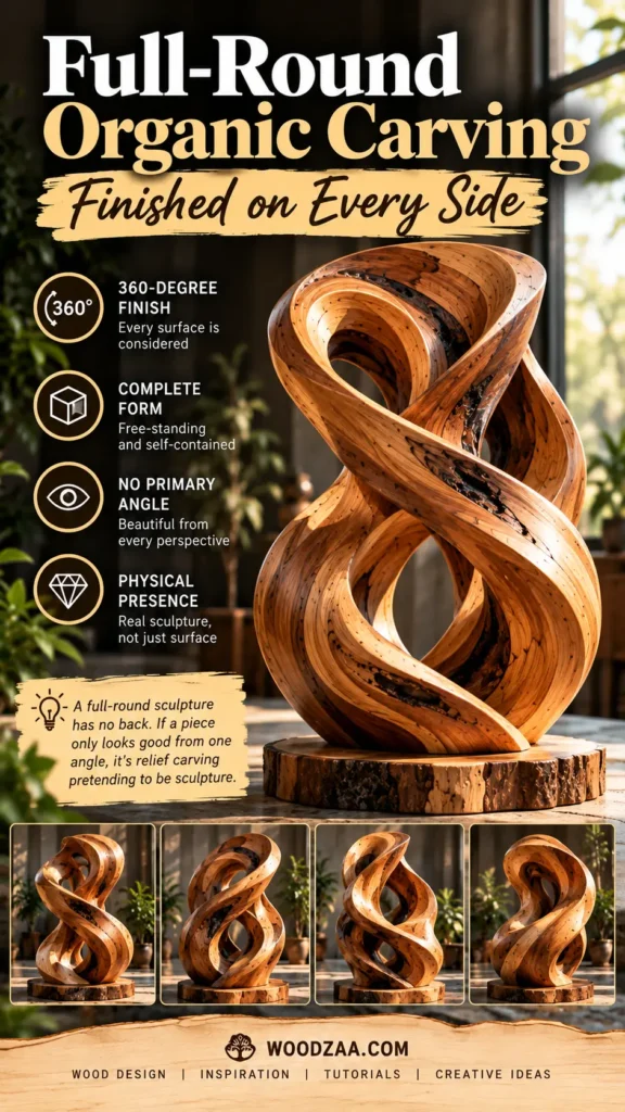"Full-Round Organic Carving — Finished on Every Side" featuring a free-standing, twisting wooden loop sculpture on a round wood slab base. Icons on the left highlight features: 360-Degree Finish, Complete Form, No Primary Angle, and Physical Presence. Four smaller photos along the bottom showcase the same sculpture rotated to different angles to show its 360-degree craftsmanship, with woodzaa.com branding at the bottom.