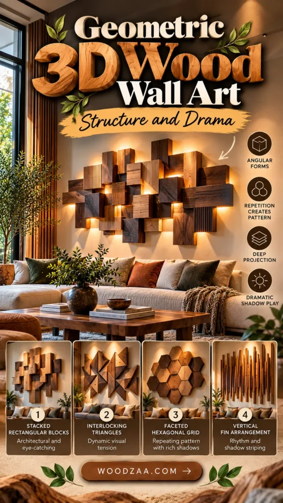 "Geometric 3D Wood Wall Art — Structure and Drama". The main picture showcases a large, backlit arrangement of stacked wooden blocks mounted above a living room couch. Four lower panels detail specific geometric styles: 1) Stacked Rectangular Blocks, 2) Interlocking Triangles, 3) Faceted Hexagonal Grid, and 4) Vertical Fin Arrangement. Icons on the side highlight features like angular forms and shadow play, with woodzaa.com at the bottom.