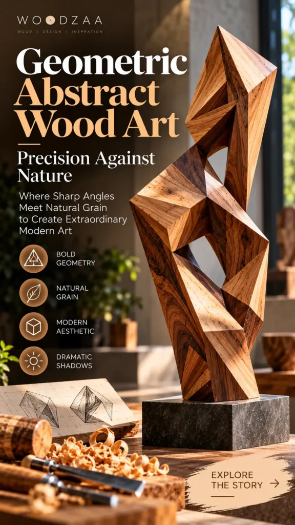 "Geometric Abstract Wood Art: Precision Against Nature." The image highlights a tall wooden sculpture with sharp, angular faceted planes and rich natural grain, mounted on a dark stone pedestal. On the left, text features bullet points for bold geometry, natural grain, modern aesthetic, and dramatic shadows. A sketch, wood carvings, and woodworking tools sit in the foreground on a wooden workbench.