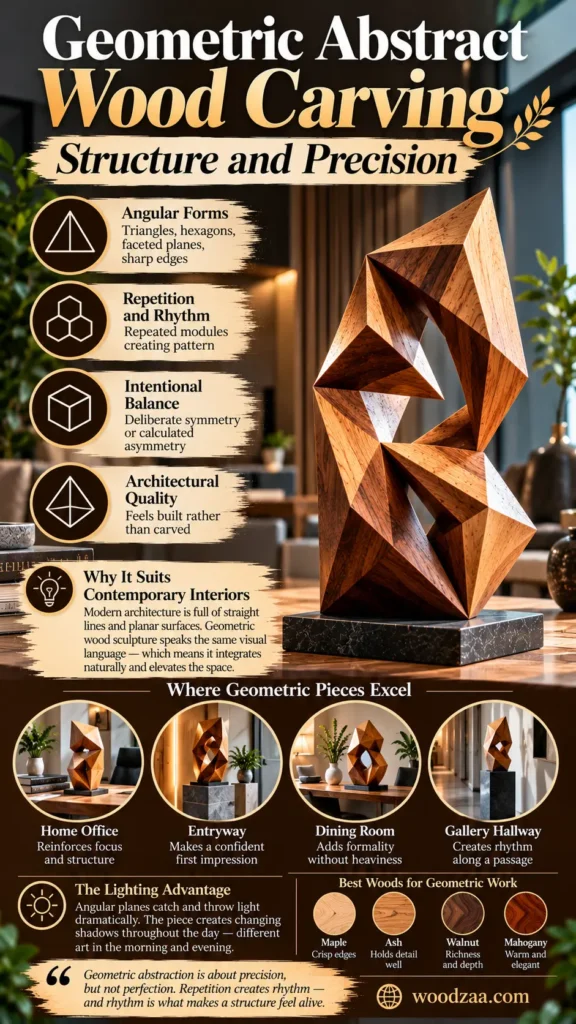 "Geometric Abstract Wood Carving — Structure and Precision" features a faceted, angular wood sculpture on a dark base. Text highlights features like angular forms, repetition and rhythm, intentional balance, and architectural quality. Four circular photos show it styled in a home office, entryway, dining room, and gallery hallway, along with wood suggestions like Maple, Ash, Walnut, and Mahogany.