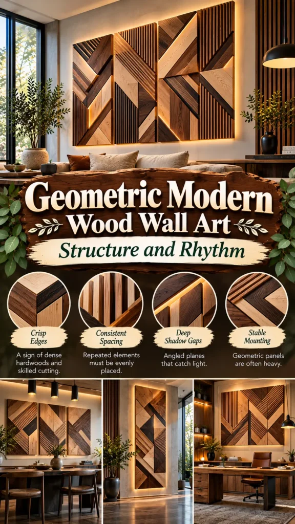 "Geometric Modern Wood Wall Art — Structure and Rhythm". It showcases a large, backlit geometric wooden wall installation in a modern living space. Four circular detail shots highlight design elements: Crisp Edges, Consistent Spacing, Deep Shadow Gaps, and Stable Mounting. The bottom panels display alternative geometric wood art installations in a dining room, hallway, and office.