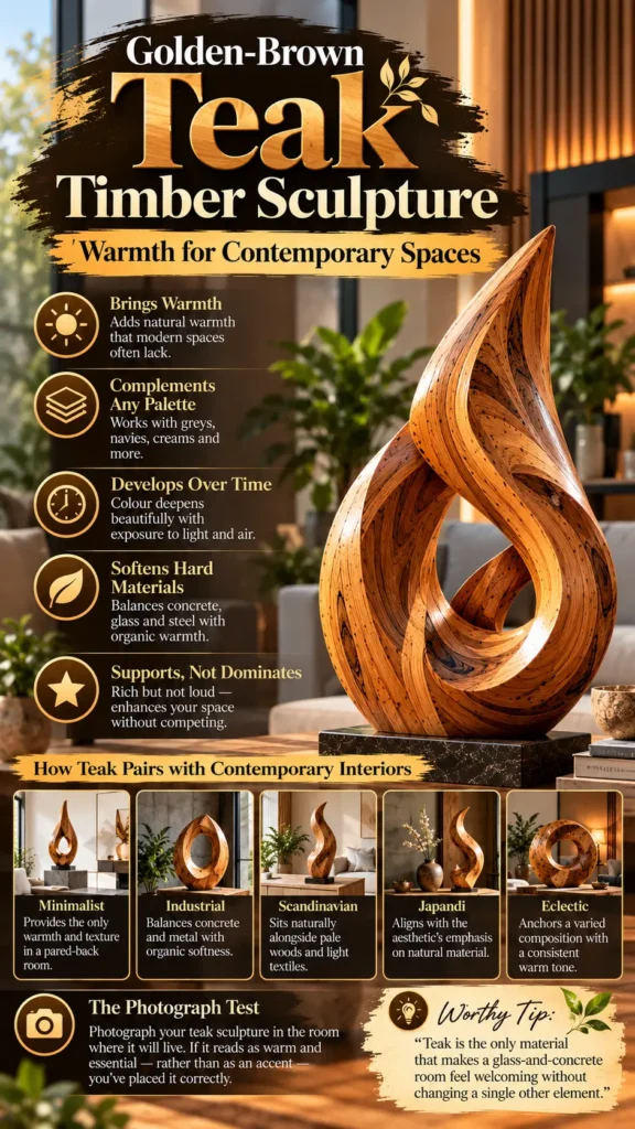 "Golden-Brown Teak Timber Sculpture," featuring an abstract flame-shaped wooden sculpture on a coffee table. It lists five benefits—bringing warmth, complementing palettes, developing over time, softening hard materials, and supporting spaces—alongside design tips for minimalist, industrial, Scandinavian, Japandi, and eclectic interiors.