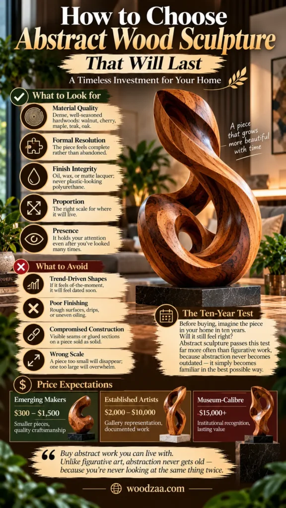 "How to Choose Abstract Wood Sculpture That Will Last: A Timeless Investment for Your Home" features a large curved wooden sculpture on a dark base. It outlines key criteria like material quality, finish integrity, and presence, alongside things to avoid like trend-driven shapes and poor finishing. A price breakdown covers Emerging Makers ($300–$1,500), Established Artists ($2,000–$10,000), and Museum-Calibre ($15,000+). woodzaa.com.