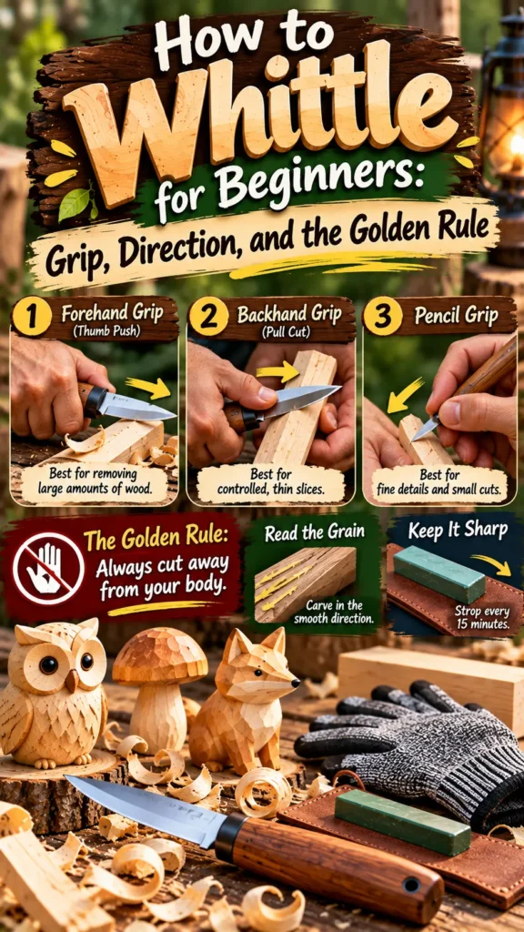 "How to Whittle for Beginners: Grip, Direction, and the Golden Rule". Grips:Forehand Grip (Thumb Push): Best for removing large amounts of wood. Backhand Grip (Pull Cut): Best for controlled, thin slices. Pencil Grip: Best for fine details and small cuts. Safety & Tips:The Golden Rule: Always cut away from your body. Read the Grain: Carve in the smooth direction. Keep It Sharp: Strop every 15 minutes. Shows carved animals (owl, fox), a mushroom, a whittling knife, and safety gear.