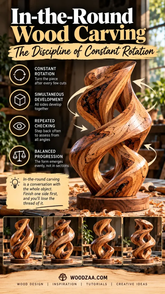 "In-the-Round Wood Carving — The Discipline of Constant Rotation" featuring a complex spiral wood sculpture with rotation arrows around it. Icons highlight techniques: Constant Rotation, Simultaneous Development, Repeated Checking, and Balanced Progression. A lightbulb tip explains carving all sides together. Four bottom thumbnails show the sculpture from different angles in a workshop setting, with woodzaa.com branding at the bottom.