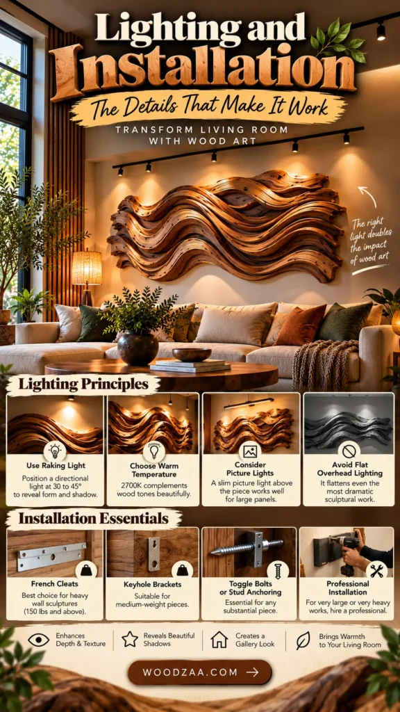 "Lighting and Installation — The Details That Make It Work". The top shows a wavy wooden wall sculpture lit by track lighting above a sofa. Two sections below outline lighting principles—such as using raking light and warm 2700K bulbs—and installation essentials, including French cleats, keyhole brackets, and toggle bolts. The bottom features woodzaa.com.