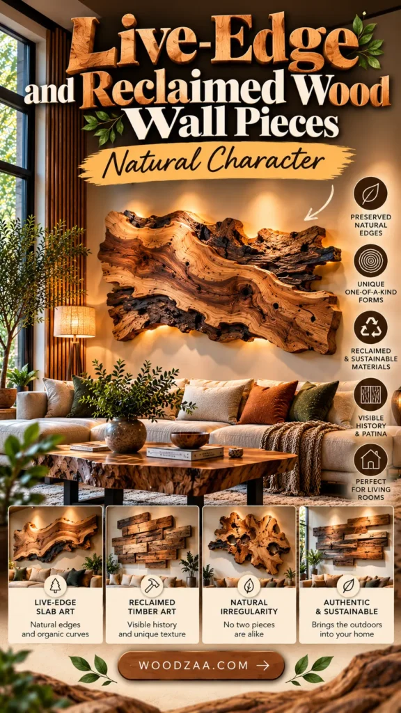 "Live-Edge and Reclaimed Wood Wall Pieces — Natural Character". The main image displays a large, rustic live-edge wood slab sculpture mounted on a living room wall above a sofa. Four bottom panels showcase styles including Live-Edge Slab Art, Reclaimed Timber Art, Natural Irregularity, and Authentic & Sustainable. Side icons highlight features like preserved natural edges and sustainable materials, with the link woodzaa.com.