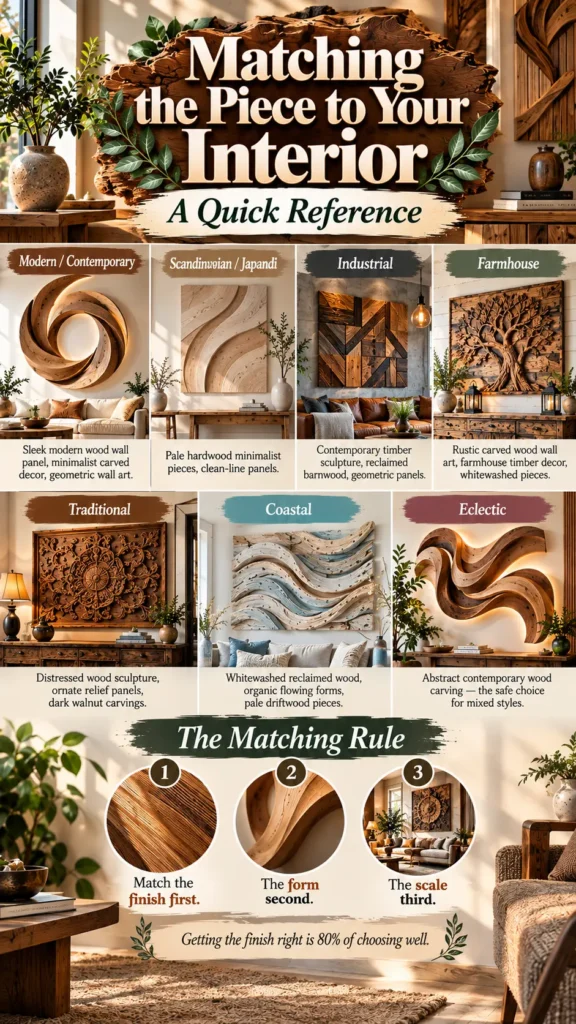 "Matching the Piece to Your Interior — A Quick Reference". It features a guide pairing wooden wall art with interior styles like Modern/Contemporary, Scandinavian, Industrial, Farmhouse, Traditional, Coastal, and Eclectic. The bottom highlights "The Matching Rule": 1. Match the finish first, 2. The form second, 3. The scale third.