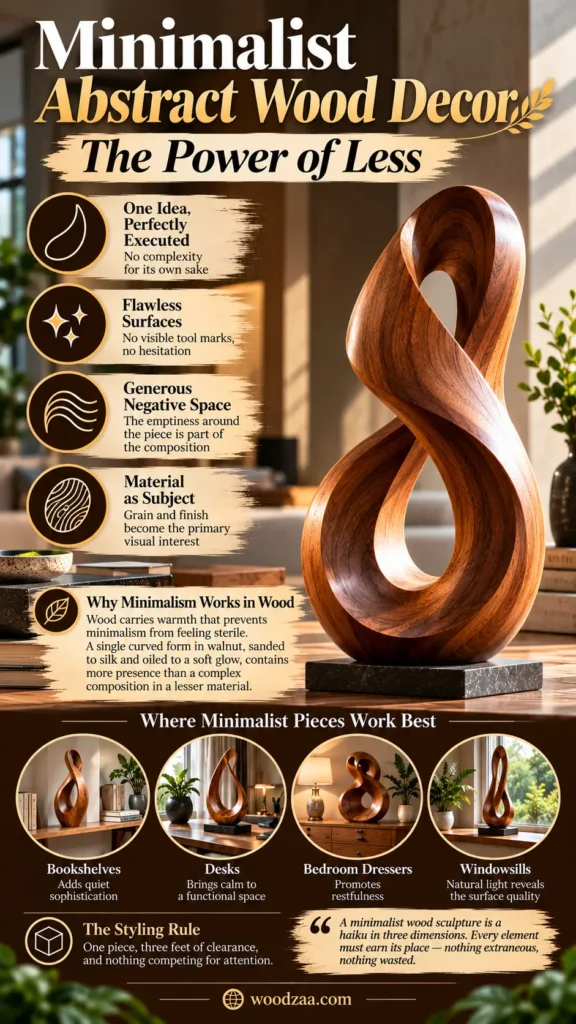 "Minimalist Abstract Wood Decor — The Power of Less" displays a smooth, loop-shaped wooden sculpture on a dark marble base. Key principles outlined include single ideas, flawless surfaces, generous negative space, and natural grain as the subject. Four circular images demonstrate styling on bookshelves, desks, bedroom dressers, and windowsills. woodzaa.com.