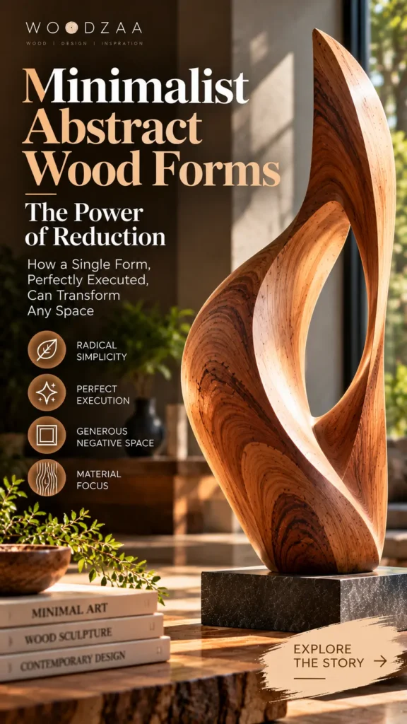 "Minimalist Abstract Wood Forms: The Power of Reduction." On the right sits a tall, sleekly carved wooden sculpture with flowing lines, rich natural grain, and open negative space, mounted on a dark stone base. Text on the left lists points such as radical simplicity, perfect execution, generous negative space, and material focus. A stack of art books titled "Minimal Art" rests in the foreground of a sunlit modern interior.