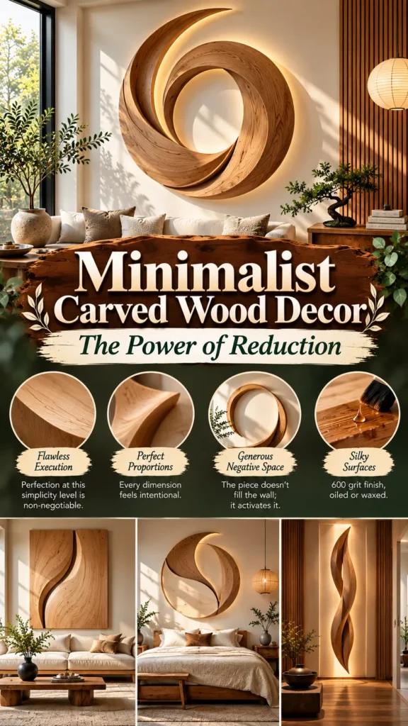 "Minimalist Carved Wood Decor — The Power of Reduction". It features a large, backlit minimalist wooden wall sculpture in a bright living room. Four circular detail shots highlight design elements: Flawless Execution, Perfect Proportions, Generous Negative Space, and Silky Surfaces. The bottom photos showcase alternative minimalist wooden art displays in a living room, bedroom, and hallway.