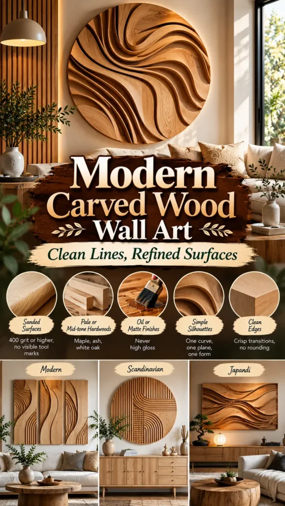 "Modern Carved Wood Wall Art — Clean Lines, Refined Surfaces". It showcases a large, backlit circular carved wooden wall art piece in a bright living room. Five circular detail shots below highlight features: Sanded Surfaces, Pale or Mid-tone Hardwoods, Oil or Matte Finishes, Simple Silhouettes, and Clean Edges. The bottom panels display three style examples: Modern, Scandinavian, and Japandi wood art installations.
