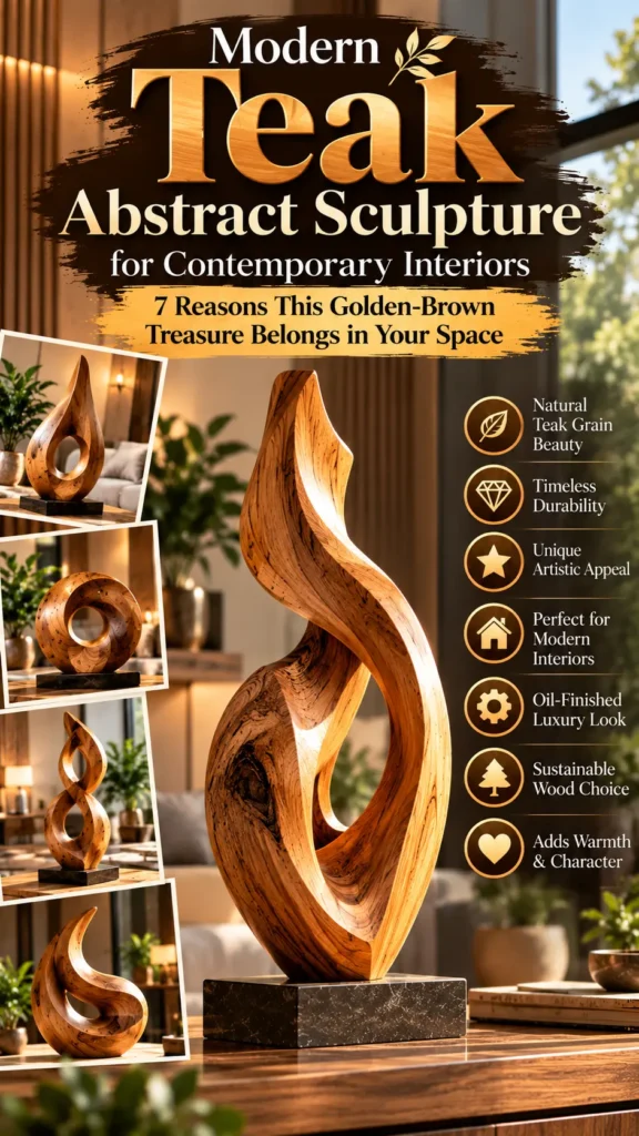 "Modern Teak Abstract Sculpture for Contemporary Interiors: 7 Reasons This Golden-Brown Treasure Belongs in Your Space." The graphic features a carved golden-brown wooden flame sculpture on a dark marble base. Icons list 7 reasons: natural grain, durability, artistic appeal, fit for modern interiors, oil finish, sustainability, and warmth. Smaller photos on the left display various abstract sculpture shapes displayed in cozy room settings.