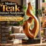 "Modern Teak Abstract Sculpture for Contemporary Interiors," featuring a carved golden-brown wooden flame sculpture on a dark marble base. On the left, bullet points list seven benefits including timeless beauty, durability, artistic appeal, modern fit, sustainability, warmth, and investment value. Three inset photos on the right showcase alternative teak sculpture designs in cozy living spaces.