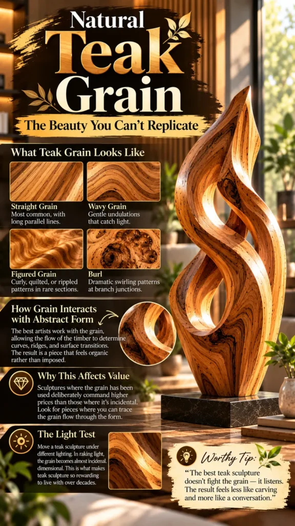 "Natural Teak Grain: The Beauty You Can't Replicate," featuring a flame-shaped wooden sculpture on a dark marble base. The graphic illustrates grain types (straight, wavy, figured, burl), explains how grain interacts with abstract forms, details why grain affects value, and provides a "Light Test" tip.