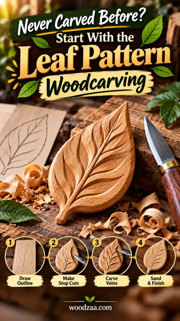 "Never Carved Before? Start With the Leaf Pattern Woodcarving" showing a carved wooden leaf and knife on a workbench. At the bottom, a 4-step tutorial outlines the process: 1. Draw Outline, 2. Make Stop Cuts, 3. Carve Veins, and 4. Sand & Finish.