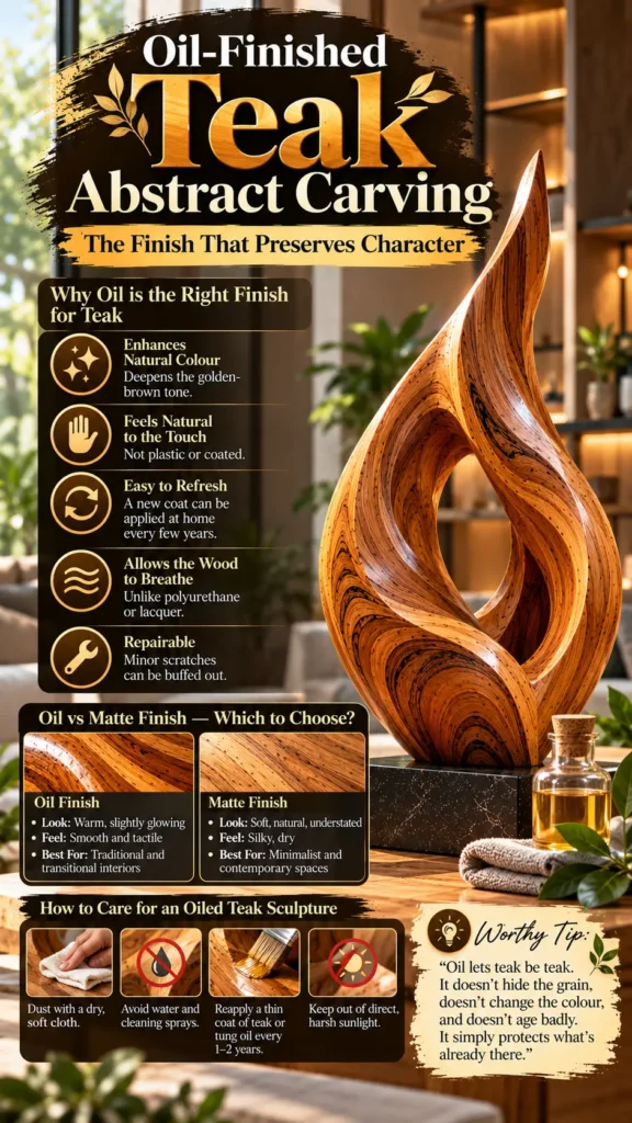 "Oil-Finished Teak Abstract Carving: The Finish That Preserves Character," showcasing a flame-shaped wooden sculpture on a dark base. It lists reasons why oil is the best finish, compares oil versus matte finishes, and includes maintenance steps: dusting with a soft cloth, avoiding water/sprays, reapplying teak or tung oil every 1–2 years, and keeping out of harsh sunlight.