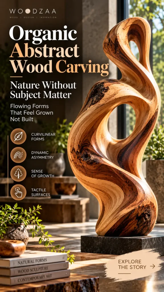 "Organic Abstract Wood Carving: Nature Without Subject Matter." The image shows a large, fluid, hand-carved wooden sculpture with smooth twisting loops, natural knots, and prominent grain patterns mounted on a dark stone base. Text on the left lists features like curvilinear forms, dynamic asymmetry, a sense of growth, and tactile surfaces. Coffee table books titled "Natural Forms" lie in the foreground of a warm, sunlit room.