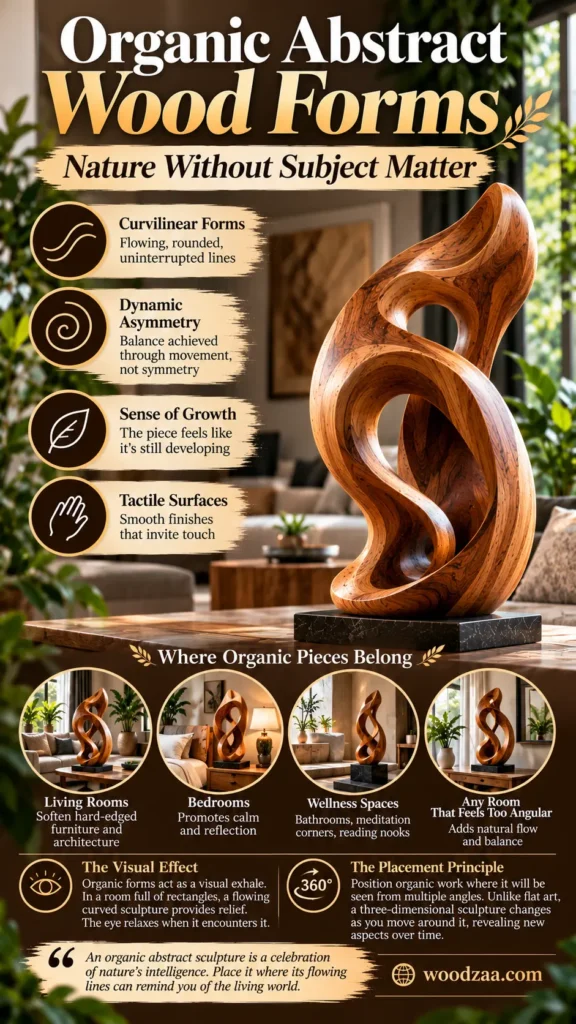 "Organic Abstract Wood Forms — Nature Without Subject Matter" features a dynamic, twisting wooden sculpture on a dark marble base. Text highlights features like curvilinear forms, dynamic asymmetry, a sense of growth, and tactile surfaces. Four circular photos showcase placement in living rooms, bedrooms, wellness spaces, and angular rooms. woodzaa.com.