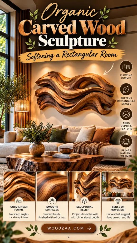 "Organic Carved Wood Sculpture — Softening a Rectangular Room". The top image features a fluid, wavy wooden wall sculpture mounted above a neutral living room sofa. Four bottom panels highlight details like curvilinear forms, smooth surfaces, sculptural relief, and a sense of movement. Side icons emphasize benefits such as flowing curves and natural warmth, with woodzaa.com at the bottom.