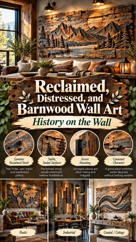 "Reclaimed, Distressed, and Barnwood Wall Art — History on the Wall". It features a large wooden mountain landscape sculpture mounted in a rustic living room. Four circular detail shots highlight Genuine Reclaimed Stock, Stable Sealed Surfaces, Secure Mounting, and Consistent Character. The bottom showcases Rustic, Industrial, and Coastal/Cottage room styles.