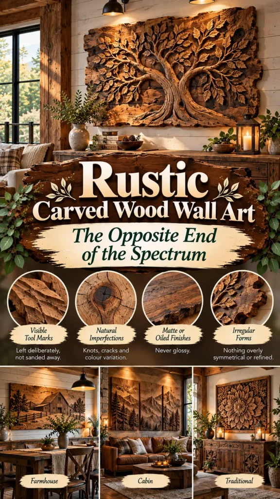 "Rustic Carved Wood Wall Art — The Opposite End of the Spectrum". It features a large, intricate carved tree wall sculpture in a cozy rustic interior. Four circular detail shots highlight Visible Tool Marks, Natural Imperfections, Matte or Oiled Finishes, and Irregular Forms. The bottom panels display rustic wood art in Farmhouse, Cabin, and Traditional settings.