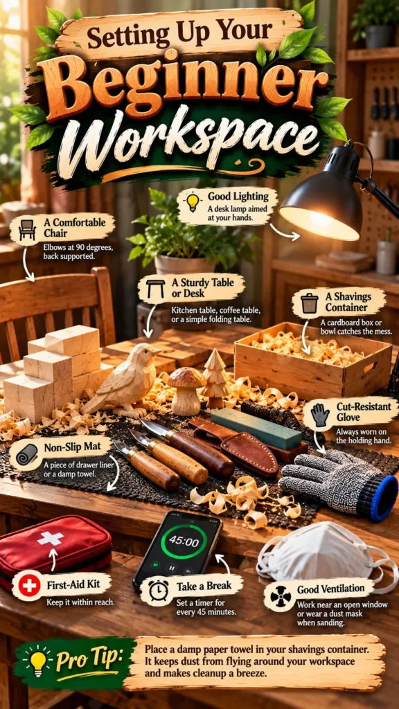 "Setting Up Your Beginner Workspace." It illustrates a organized wood carving setup on a wooden table equipped with a desk lamp, comfortable chair, non-slip mat, shavings box, carving tools, cut-resistant glove, first-aid kit, timer, and dust mask. Callout labels offer key workspace safety and setup tips, including a pro tip to place a damp paper towel in the shavings container.