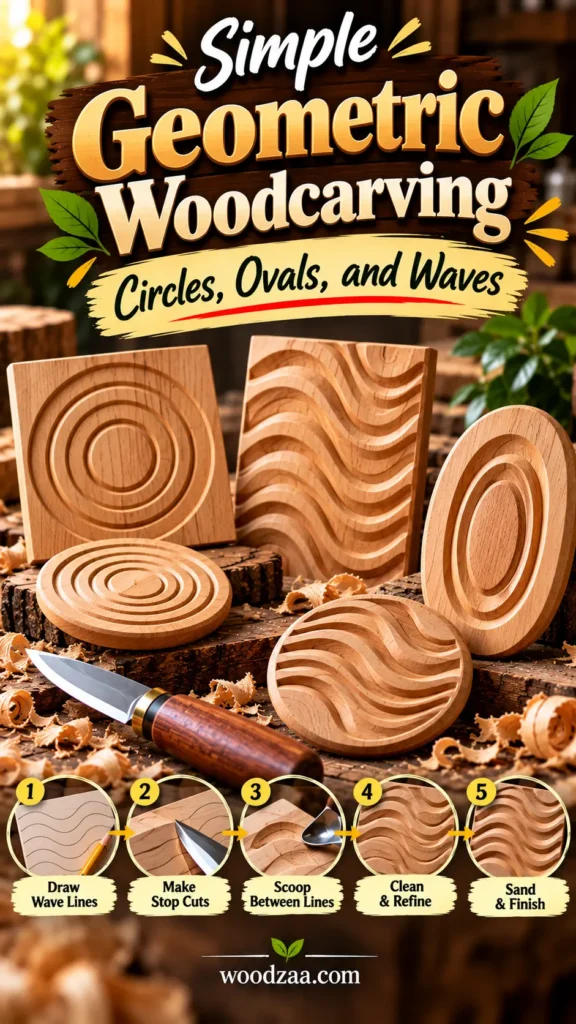 "Simple Geometric Woodcarving — Circles, Ovals, and Waves" displaying carved wooden plaques with concentric circles, wave patterns, and ovals on a workbench. At the bottom, a 5-step tutorial shows the wave carving process: 1. Draw Wave Lines, 2. Make Stop Cuts, 3. Scoop Between Lines, 4. Clean & Refine, and 5. Sand & Finish.