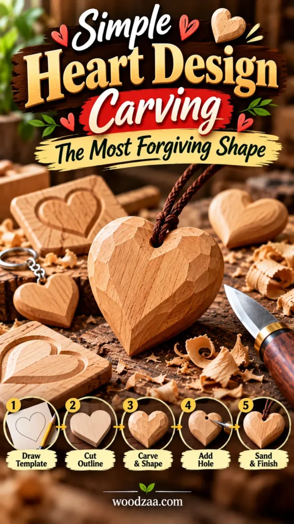 "Simple Heart Design Carving — The Most Forgiving Shape" featuring a faceted wooden heart pendant attached to a cord, displayed alongside carving tools and wood shavings on a workbench. At the bottom, a 5-step tutorial shows the process: 1. Draw Template, 2. Cut Outline, 3. Carve & Shape, 4. Add Hole, and 5. Sand & Finish.