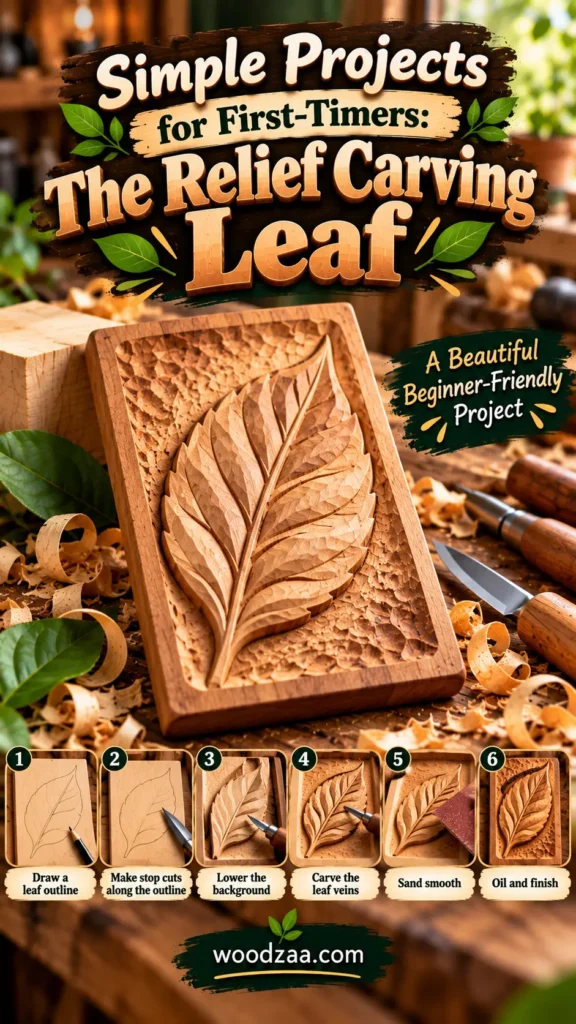 "Simple Projects for First-Timers: The Relief Carving Leaf - A Beautiful Beginner-Friendly Project" set on a rustic wooden workbench with wood shavings and carving tools. The center displays a detailed hand-carved wooden plaque featuring a leaf relief design. At the bottom, a 6-step tutorial shows: 1) Draw a leaf outline, 2) Make stop cuts along the outline, 3) Lower the background, 4) Carve the leaf veins, 5) Sand smooth, and 6) Oil and finish. Includes woodzaa.com.